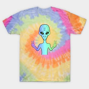 PEACE Sign Hand Retro Rainbow Alien T-Shirt